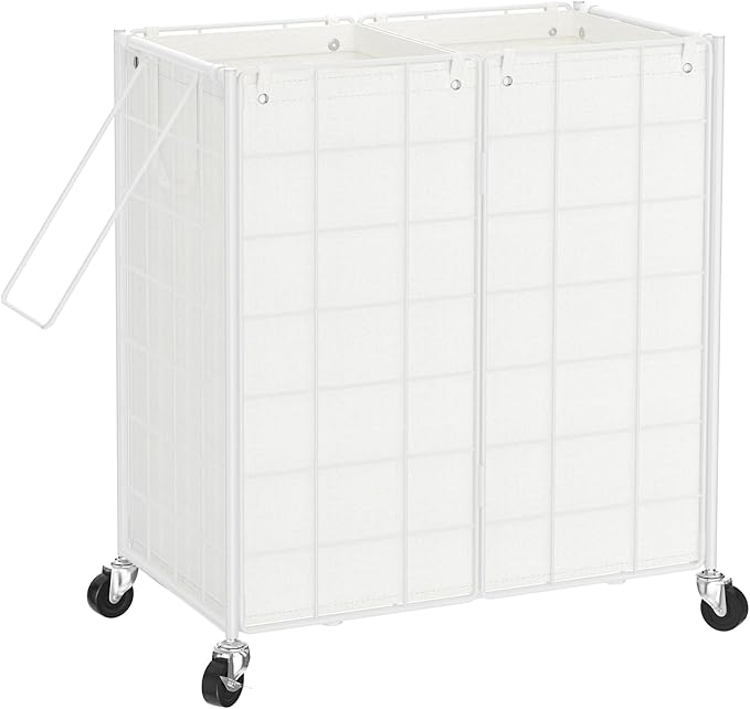 WOWLIVE Double Laundry Hamper with Wheels,Metal Wire Frame Rolling Laundry Basket with 2 Removable bags,120L Dirty Clothes Hamper Organizer Dorm Room Storage for Bedroom,Bathroom,White
