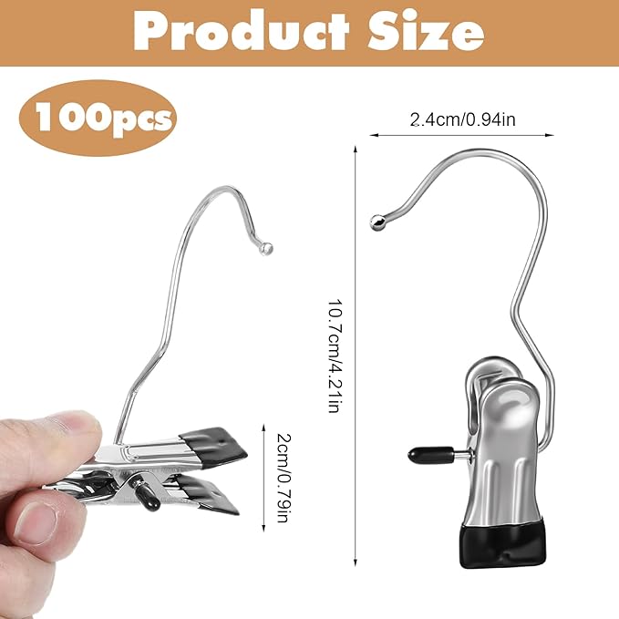 100 Pcs Boot Hangers Clips, Laundry Hook Hanging Stainless Steel Portable Socks Towels Clothes Hanger Clips Heavy Duty Travel Drying Clothes Pins for Travel Closet Jeans Hats