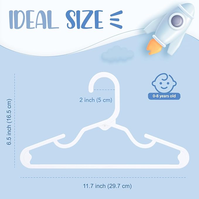 HOUSE DAY Plastic Baby Hangers for Closet 60 Pack, Durable Plastic Kids Hangers for Baby Clothes, Thin & Compact Childrens Hangers, Space Saving White Baby Hanger, Small Hanger for Kids Clothes