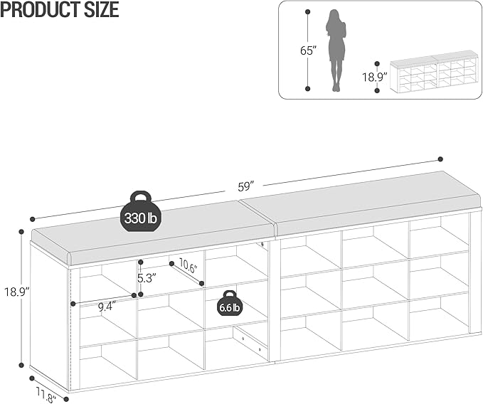 Shoe Storage Bench with Cushion, Entryway Storage Bench with 18 Cubbies, 9.5" Widened Organizer Cabinet, Long Cubby Rack for Living Room, Bedroom, Entryway, White SB25703GY