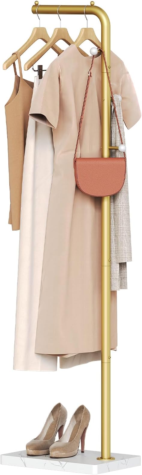 L Shaped Glod Coat Rack, Metal Coat Tree, Modern Clothes Rack with 3 Hooks and Thickened Base, Floor Standing Coat Hanger Stand, for Entryway, Living Room, Cloakroom, Gold and White YM01DWY1
