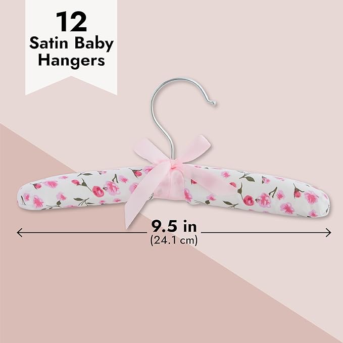 Juvale Padded Baby Clothes Hangers - Wrinkle-Free Closet Organization - Satin Padded Infant Hangers for Baby Clothes - Pink Floral Design for Nursery Decor - Pack of 12, 9.5 in, Pink Floral