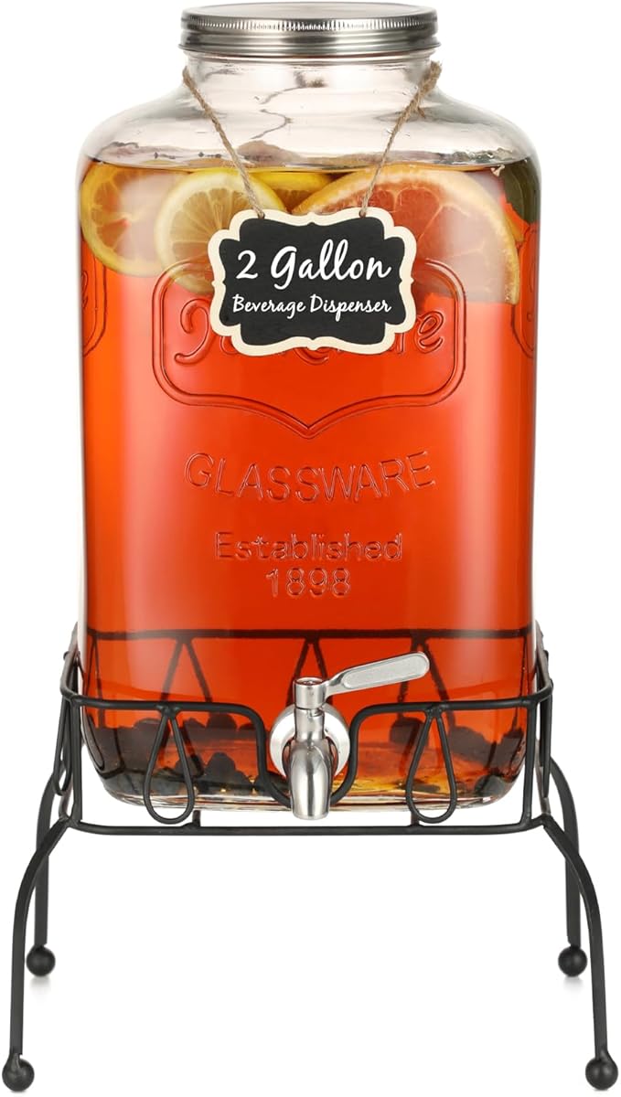 2 Gallon Glass Drink Dispenser with Stand, Stainless Steel Leakproof Spigot and Lid, Glass Drink Dispensers for Parties, Water Beverage Dispenser