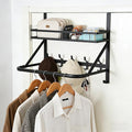Over The Door Clothes Hanger, Metal Over The Door Hangers for Clothes with 7 Hooks1 Storage Basket For Clothing Hanger Drying Racks for Laundry, Bedroom, Washroom wait（black）