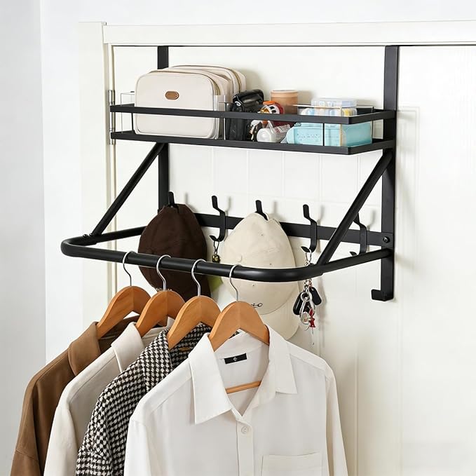 Over The Door Clothes Hanger, Metal Over The Door Hangers for Clothes with 7 Hooks1 Storage Basket For Clothing Hanger Drying Racks for Laundry, Bedroom, Washroom wait（black）