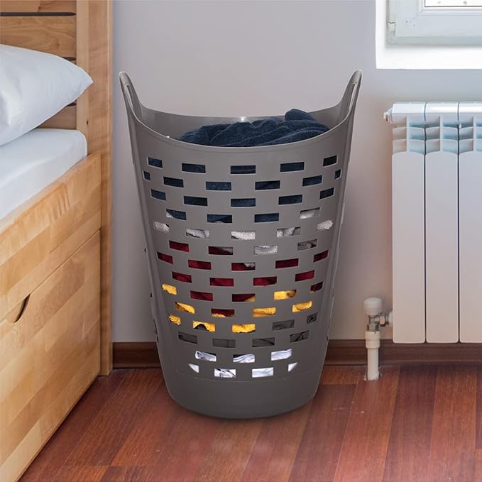 Clorox Flexible Laundry Basket - Tall Plastic Hamper for Clothes, Bedroom, and Storage - Portable Round Bin with Carry Handles, 2 Bushel, Grey