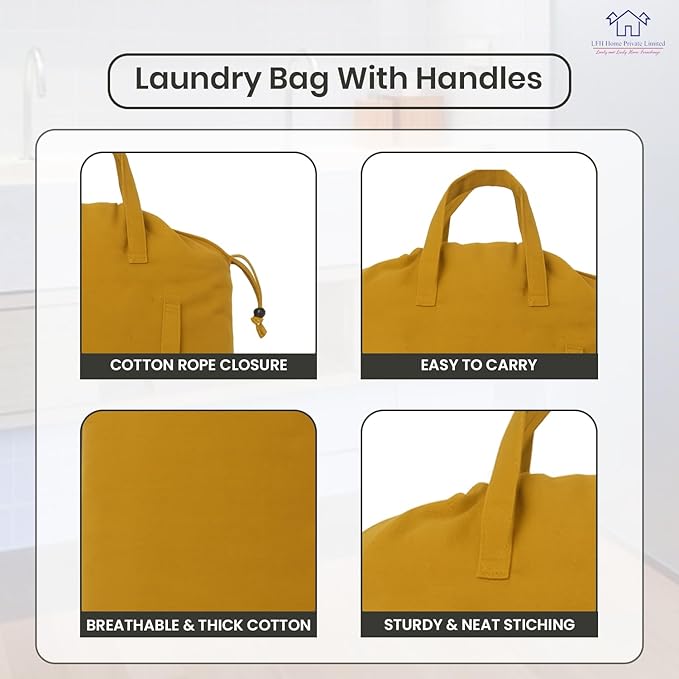 LFH Home Large Premium Cotton Canvas Laundry Bag with Drawstring and Handles Heavy Duty, Multi-Use, and Washable for Home, Travel, College or Storage 28x36 (Pack of 2)-Yellow