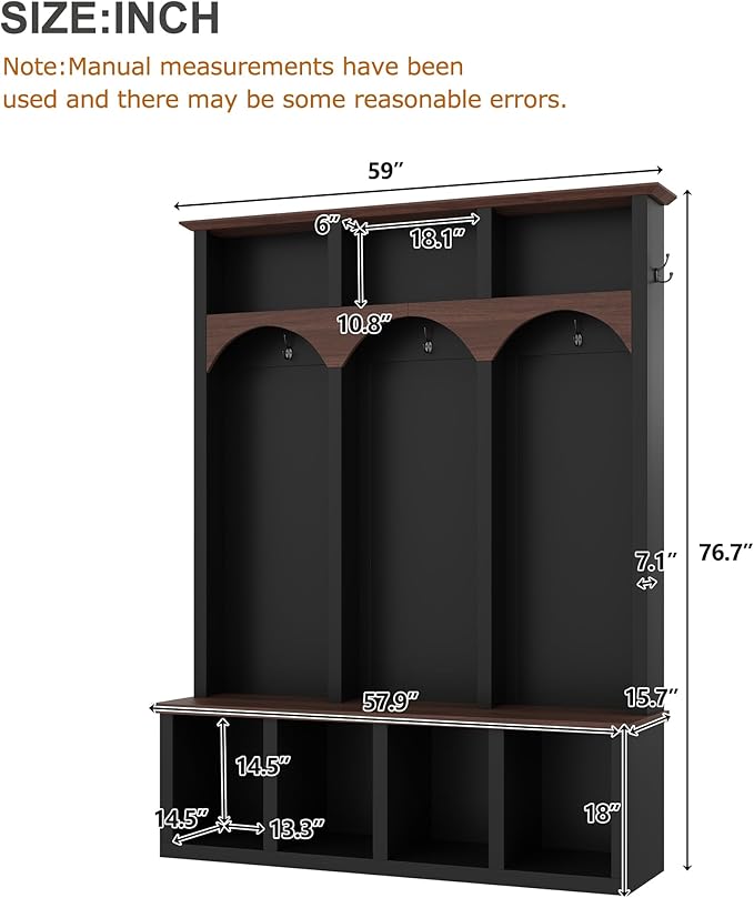 Farmhouse 59" Wide Hall Tree with 5 Black Hooks and Arched Design, Wood Grain Bench with Open Compartments, 4-in-1 Hallway Shoe Cabinet for Mudroom, Living Room (Black-9.9)