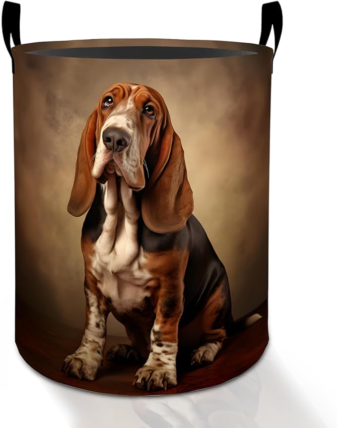 Basset Hound Dog Laundry Basket Hamper for Boys Girls Kids Adults, Foldable Waterproof Oxford Clothes Storage Bin, Pet Organizer for Bedroom Bathroom Room Decor 19.7"x15.8"