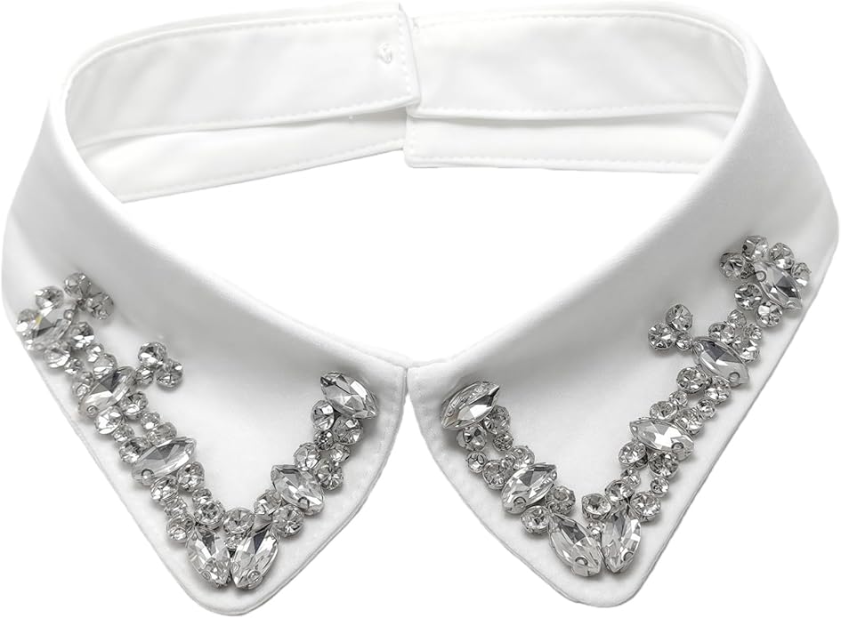 erioctry Rhinestones Fake Collar White Detachable Faux Blouse Lapel Choker for Women Girls Party Wear
