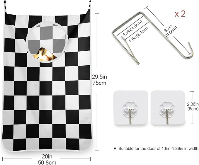 Checkered Black and White Hanging Laundry Hamper Door Hampers Bag Basket with Stainless Steel Hooks Oxford Fabric Printing Decorative Clothes Bags 29.5X20inch 2Pack