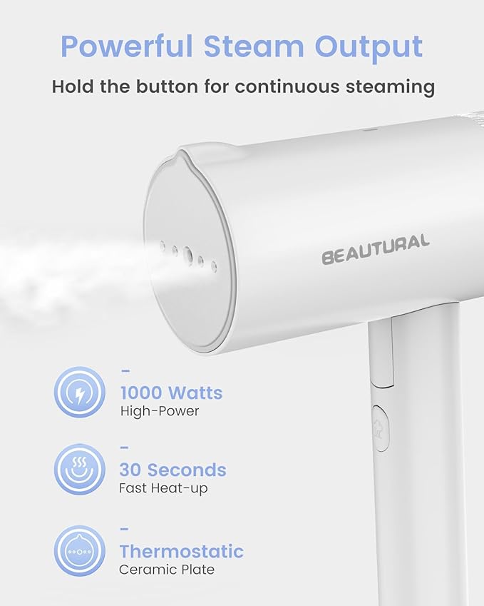 BEAUTURAL Steamer for Clothes, Portable Garment Wrinkle Remover, Fast 30s Heat-up, Foldable and Handheld, 120V Only (Not for 220V Europe), White