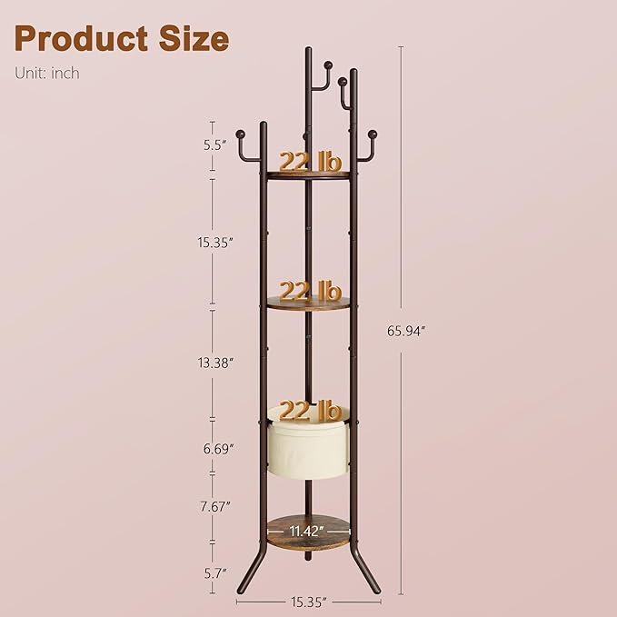Hoctieon Coat Rack Freestanding, Round Coat Rack with 3 Wooden Shelves and 1 Fabric Basket, Metal Clothes Tree with 5 Hooks, Coat Hanger Stand for Clothes, Hats, Bags, Rustic Brown