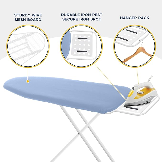 Ironing Board, 43x13 Full Size Iron Board with Iron Rest, Heavy Duty Compact Ironing Board with Thick Cover and Pad, Height Adjustable Sturdy Iron Stand, Blue