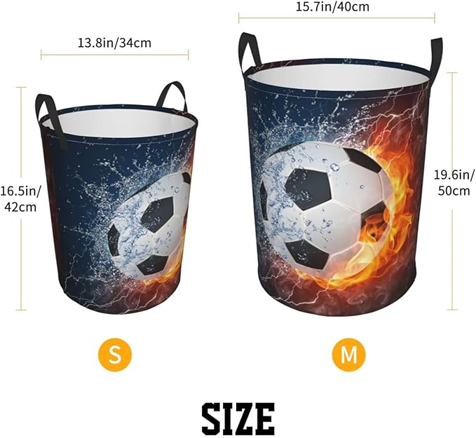 Dujiea Soccer Ball In Fire And Water Laundry Basket Round With Handle, Collapsible Foldable Canvas Storage Bin Dirty Clothes Bag For Laundry/Toys Organizer/College Dorm/Nursery/Decor(2 Sizes)