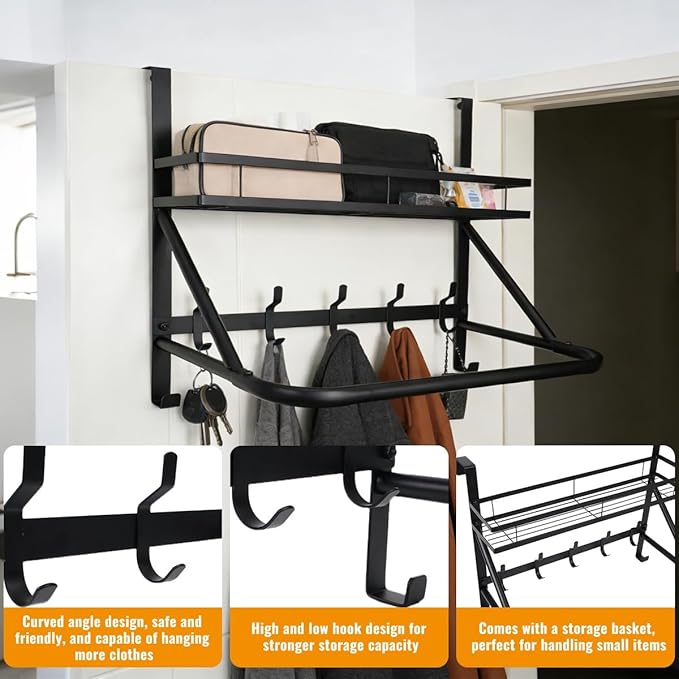 Over The Door Clothes Hanger, Metal Over The Door Hangers for Clothes with 7 Hooks1 Storage Basket For Clothing Hanger Drying Racks for Laundry, Bedroom, Washroom wait（black）
