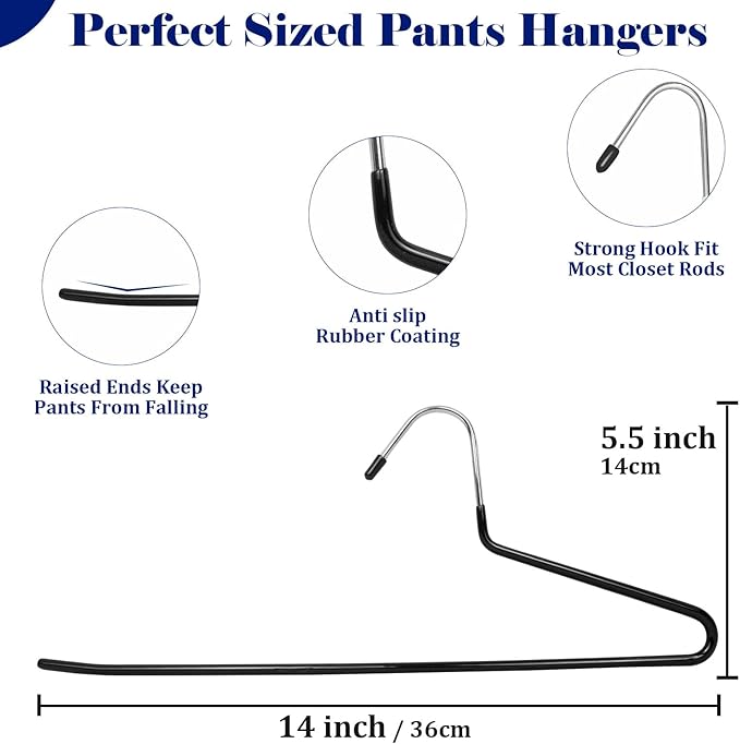 50 Pack Open Ended Pants Hangers with Non Slip Design,Suitable for Trousers,Jeans,Towels for Closet Space Saving,Durable Metal Material with Rubber Coating (Black)