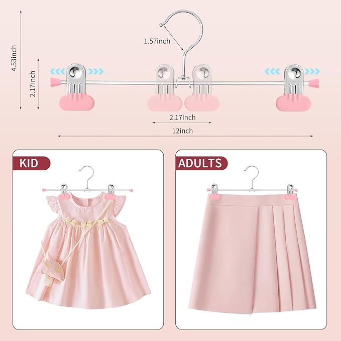 Pants Hangers with Wide Clips 30 Pack Adjustable Skirt Hangers for Women Non-Slip Clothes Hanger for Pants Heavy Duty Space Saving Trousers Hanger for Jeans,Shorts Pink 12Inch