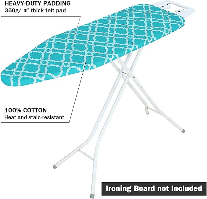 Ironing Board Cover and Pad Standard Size 15" x 54",3 Pairs of Hook and Loop Fastener Straps,Elastic Edges,Cotton Iron Board Cover with Scorch Resistant Thick Padding(Blue)