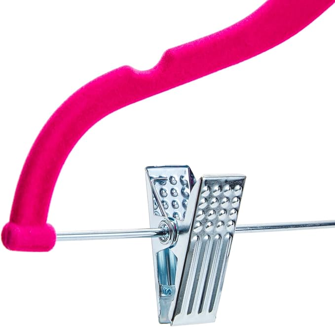 Juvale Kids Hangers with Clips - 12 in, Hot Pink, Velvet, 24 Pack - Nonslip & Space Saving Pink Hangers with Clips & 360° Swivel Hooks