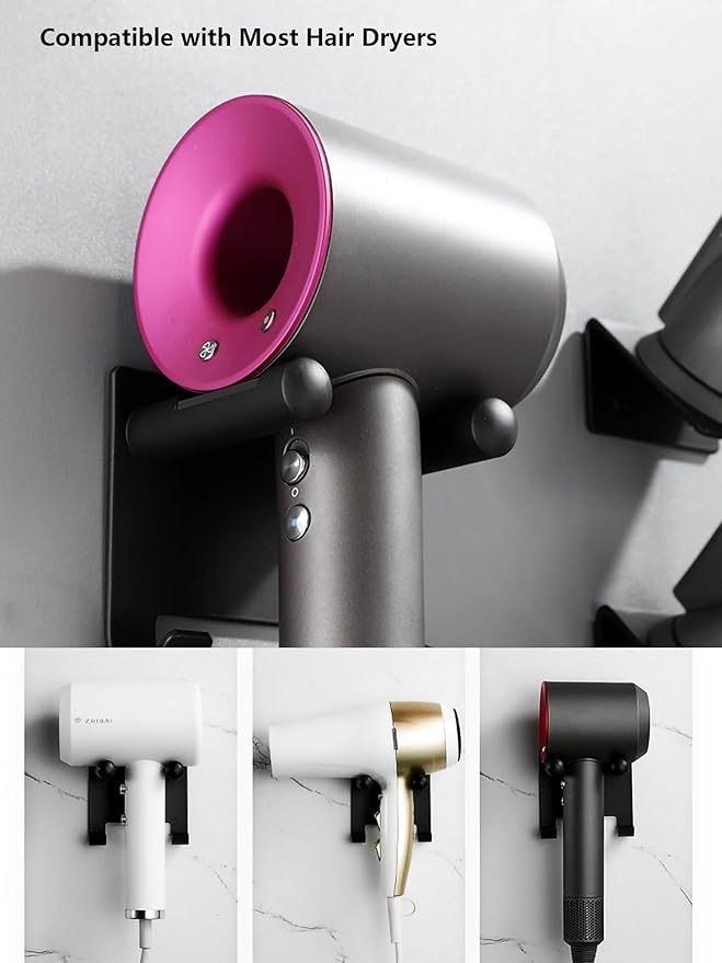 Hair Dryer Holder Stainless Steel Chromed (Black with Hooks)