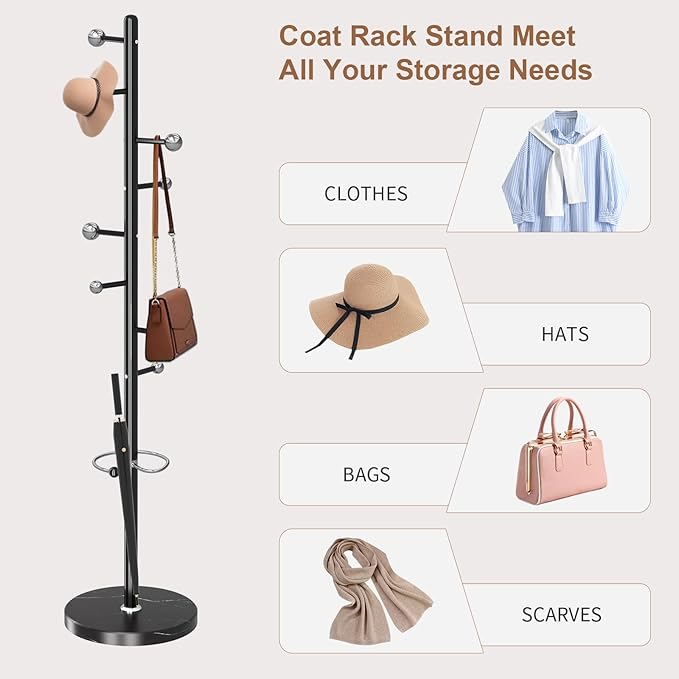Modern Metal Coat Rack Stand, Coat Rack Freestanding with Natural Marble Base, Sturdy Heavy Duty Coat Racks with 8 Hooks, Black Coat Hall Tree Stand for Entryway, Office