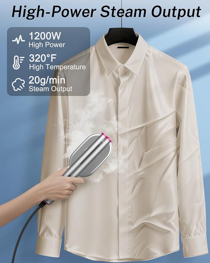 ELORTI Travel Steamer for Clothes, Handheld & Portable 2-in-1 Design, 10s Rapid Heat, 1200W Rotating Head, Compact Size 110–120V for Travel, Home (Pink)