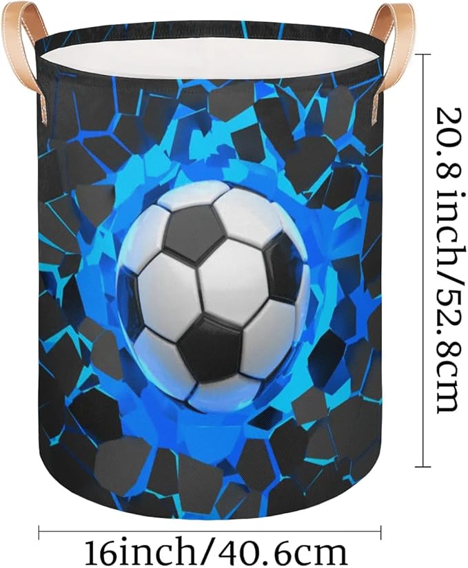 Sport Football Large Laundry Basket - Blue Soccer Kids Laundry Hamper with Handles - Collapsible Dirty Clothes Organizer Boys Toy Storage Bin Nursery Hamper for Bedroom Bathroom Decor