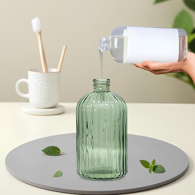 Striped Hand Soap Dispenser, 13.5oz Green Glass Soap Dispenser with Black Plastic Pump, Elegant Refillable Countertop Hand Liquid Dispenser for Kitchen, Bathroom, Dish Soap, Lotion (2 Pack)