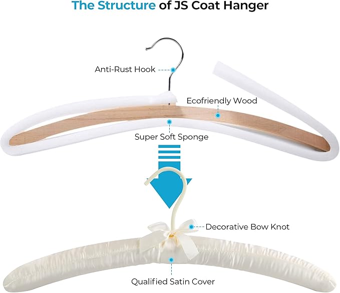 JS HANGER Padded Hanger for Sweaters - 17 Inch Extra Large Heavy Duty Satin Covered Coat Hangers No Shoulder Bump for Women Clothes, Sweaters, Dresses, Clothing, Weddings, Lingerie Pack of 10, Ivory