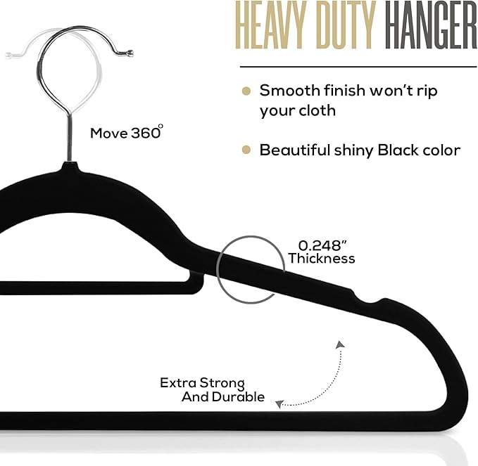 Utopia Home Premium Velvet Hangers 20 Pack - Non-Slip Clothes Hanger with Tie Bar - Black Hangers with 360 Degree Rotatable Hook - Heavy Duty Coat Hanger