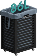 Black Laundry Hamper, Laundry Hamper with Wheels, 22.7 Gallon (86L) Bamboo Wood Clothes Laundry Basket with Handles, Removable Liner