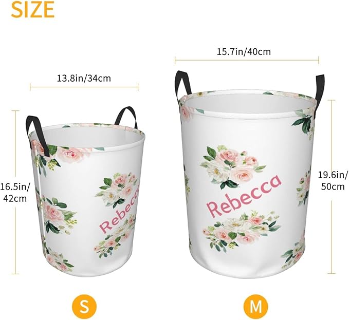 Pink Florals Leaves Customized Laundry Basket Clothes Hamper with Name Collapsible Waterproof Large Capacity Organizer Storage for Living Room.