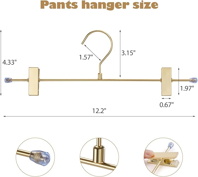 16-Pack Gold Pants Hanger, Adjustable Women's Skirt Hanger, Jeans Hanger Pants Hanger, Heavy Duty Space Saving Shorts Hanger ，uitable for Jeans, Shorts, Underwear, Sports Bras