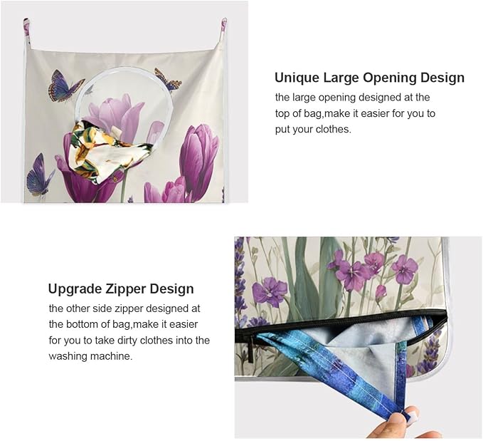 Purple Tulilp Butterfly Hanging Laundry Hamper Door Hampers Bag Basket with Stainless Steel Hooks Oxford Fabric Printing Decorative Clothes Bags 29.5X20inch 2Pack
