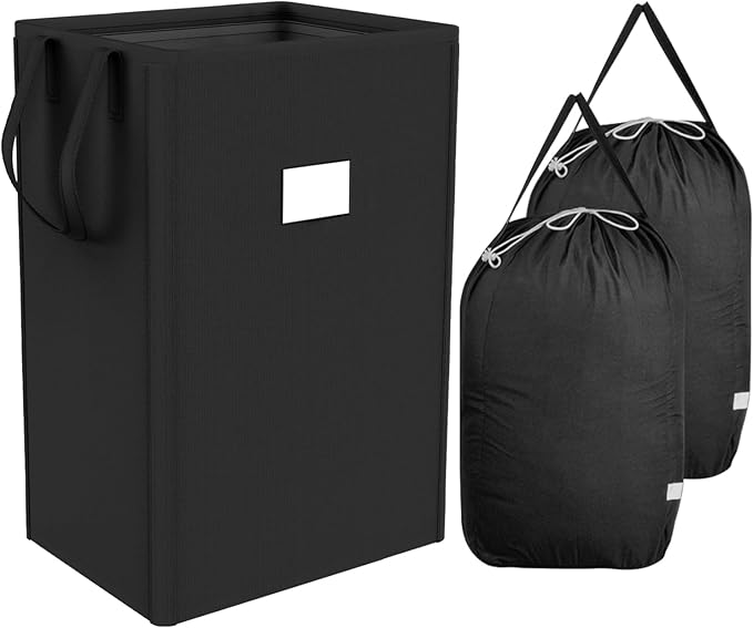 MCleanPin 225L Laundry Hamper Collapsible Laundry Basket with Laundry Bags, Dirty Clothes Hamper,Laundry Basket with Handles Foldable Hamper Dorm and College Machine Washable Bags (Classic Black)