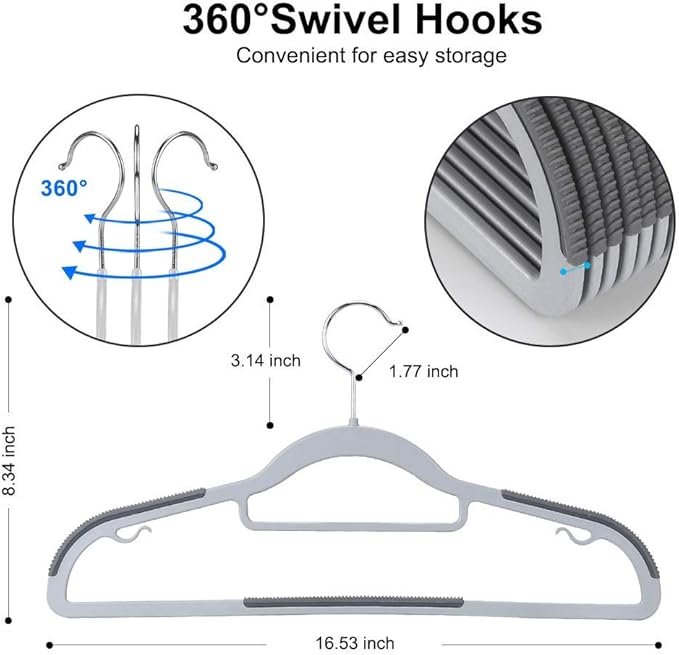 OIKA Hangers 50 Pack, Non-Slip Plastic Hangers, 0.2" Thickness Slim Coat Hangers – Heavy Duty,Space-Saving (16.5inch-Grey)