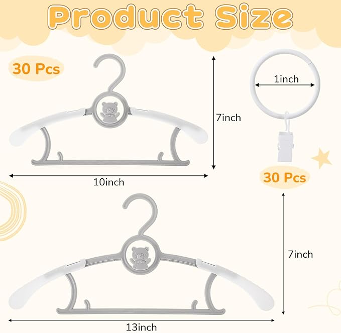 Hsei 30 Pcs Nursery Baby Hangers with 30 Pcs Ring Clips, Adjustable Baby Hangers with Clips, 10-13" Adjustable Children Hanger for Newborn Infant Socks Pants Closet Shirts