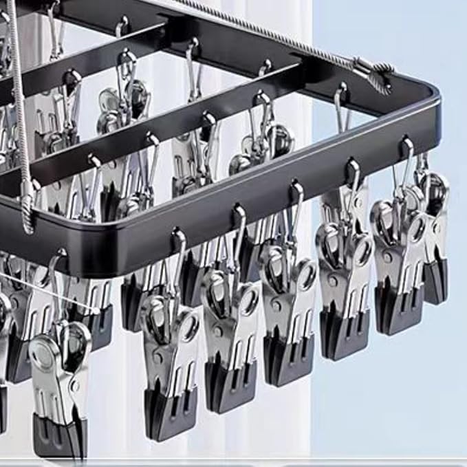 Clothes Drying Racks Clip Hangers Metal with 36 Clips Windproof Hook Underwear Hanger Foldable Laundry Clip for Socks Bras Black