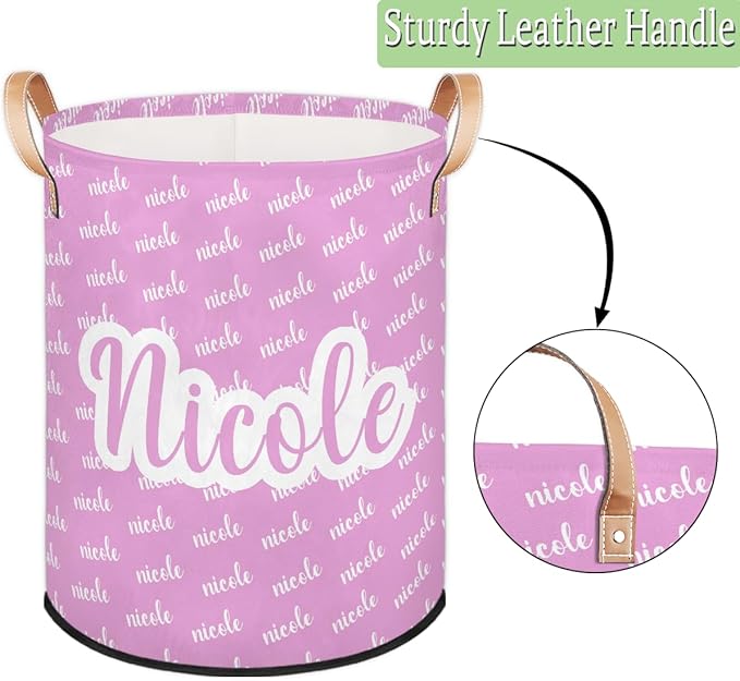 Custom Name Laundry-Hamper, Personalized Pink Kids-Clothes-Hamper Foldable with Name, Customized Storage Basket with Handles Waterproof Gift for Boys Girls Baby Women