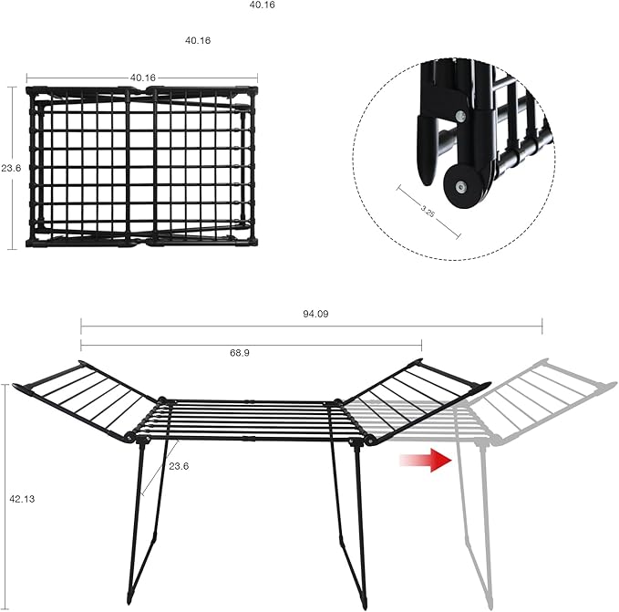 Expandable Clothes Drying Rack, Gullwing Laundry Drying Rack, Space-Saving, Towels, Linens, Indoor, Outdoor Black