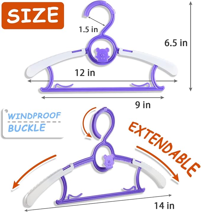 Baby Hangers for Nursery Closet 40 Pack Plastic Kids Clothes Hanger Space Saving Non Slip Extendable Toddler 11-14” Adjustable Hangers Heavy Duty Clothing Infant Hanger Bulk, Purple
