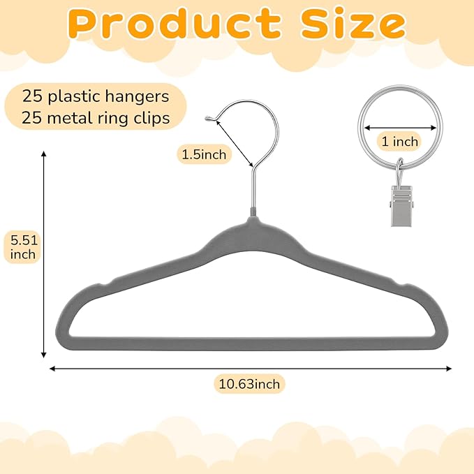 Hsei 25 Pack Baby Velvet Hangers with Ring Clips 11.02 Inch Baby Clothes Hanger for Socks Kids Felt Hangers for Closet, Space Saving Toddler Clothes Hanger for Infant Toddler