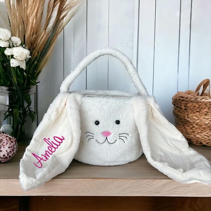 Embroidered Personalized Bunny Bag with Name, Kids Spring Egg Hunt Tote, Baby Boys & Girls Holiday Gift, Custom Monogram Rabbit Carry BaBasket for Easter Egg Hunt