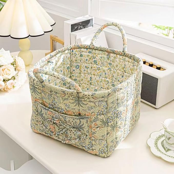 Quilted Fabric Basket Car Storage Basket Boho Floral Laundry Hamper for Nursery Bedroom & Living Room | Organize Clothes Toys