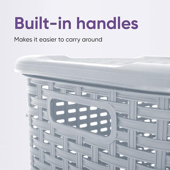 Plastic Laundry Hamper with Lid Laundry Hamper Basket, White Smoke 2 Pack Tall Cloths Hamper Organizer with Cut-out Handles. Space Saving for Laundry Room Bedroom Bathroom, Wicker Design 60 Liter