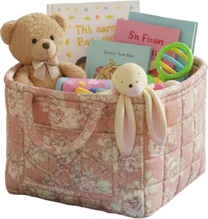 Mo&Cy Fabric Storage Basket with Handle – Collapsible Quilted Boho Floral Organizer for Laundry Room Organization,Clothes Basket,Toy Organizers and Storage,Diaper Caddy Basket(Soft Pink)