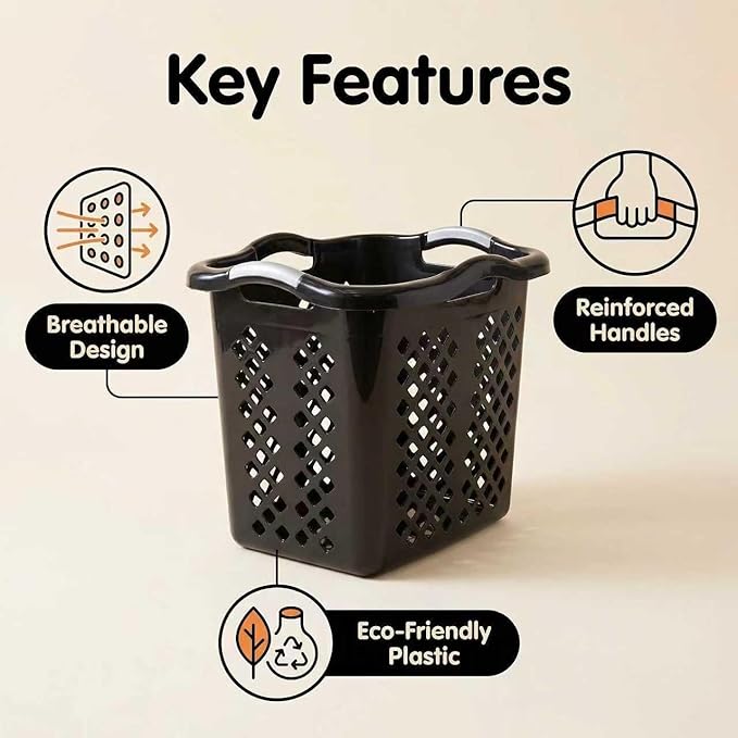 2-Pack Ultra Easy Carry Plastic Laundry Hamper, 2 Bushel Lamper Plastic Laundry Basket with Silver Handles,Dirty Clothes Laundry Hamper Bin for Home, Apartment（Black)