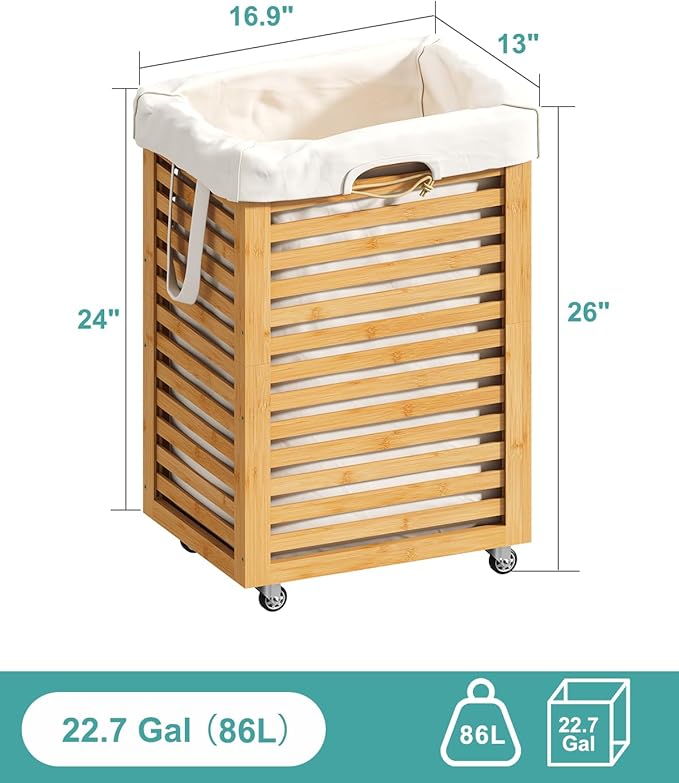 Laundry Hamper, 22.7 Gallon (86L) Bamboo Wood Clothes Laundry Basket with Wheels and Handles, Removable Liner