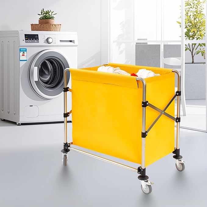 Commercial Laundry Cart with Wheels, 220lbs Foldable Laundry Cart with 4 Locking Wheels and Oxford Cloth for Home, Dorm, Hotel, and Commercial Use (Yellow)